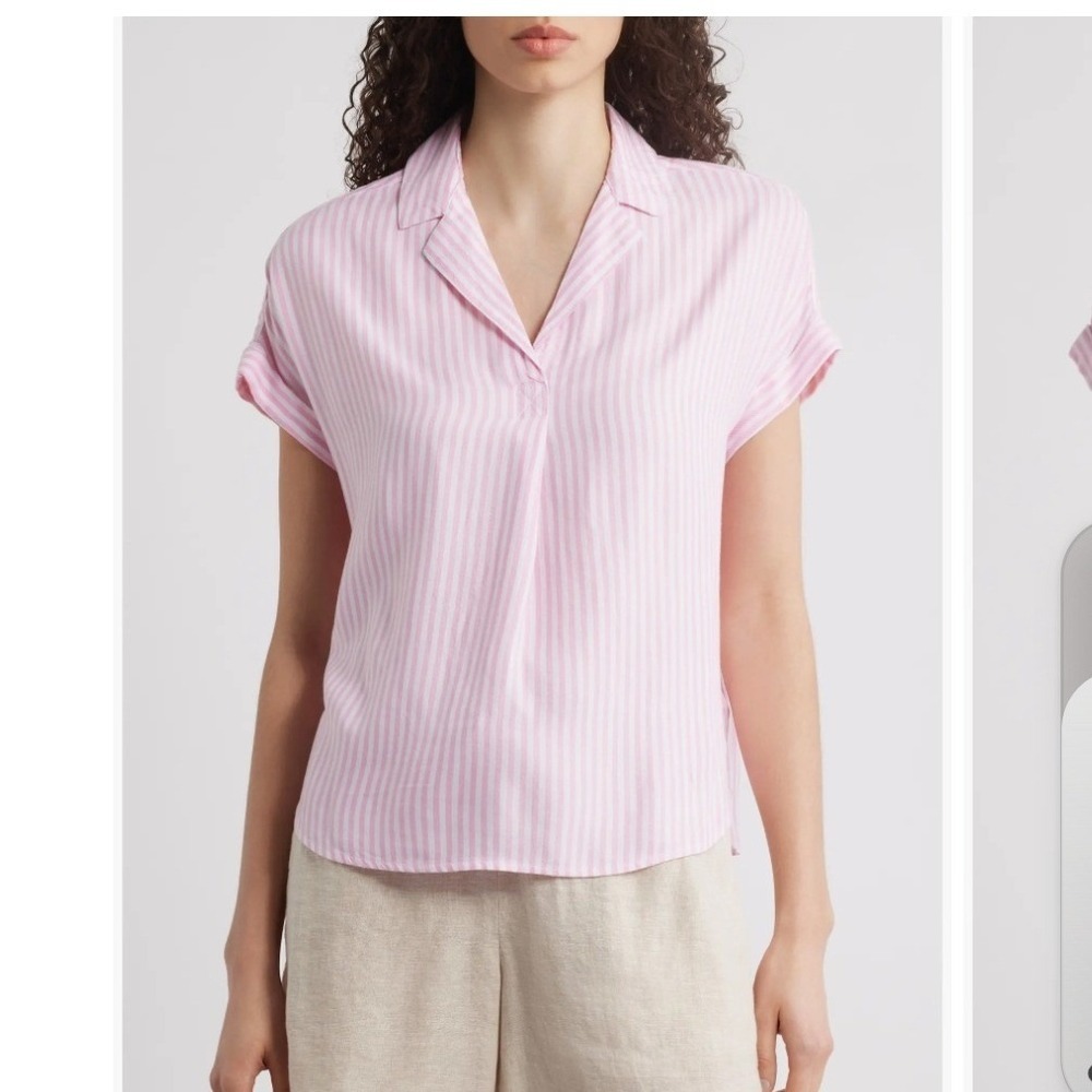 Beachlunchlounge Pink White Striped Short‎ Sleeve V-Neck Blouse LTT3506 Large